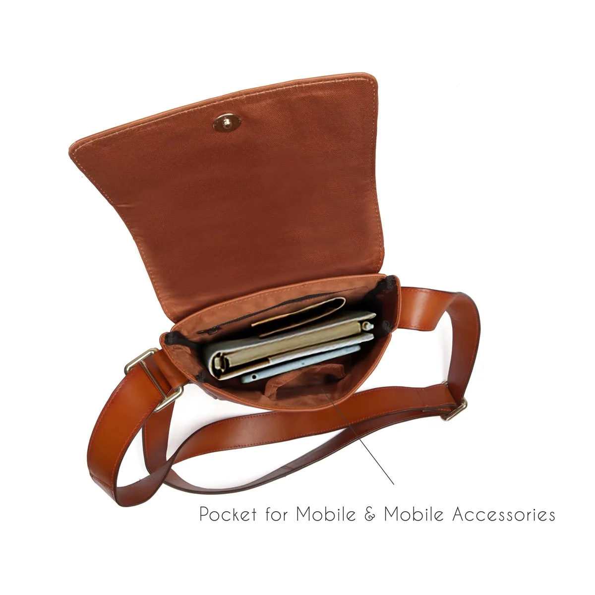 Flap-over Crossbody Bag in Tan Leather with Multi Compartment