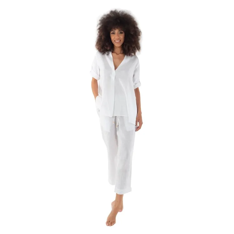 Iconique IC23-021 Sarah Top maniche 3/4 in Cotone e Lino Bianco