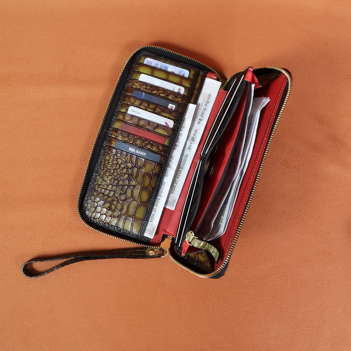 Ladies Clutch/Wallet With Smokey Olive Croco Textured Leather
