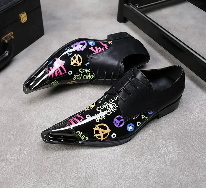 Men's Black Genuine Leather Pointed Metal Toe Business Formal Oxford Shoes