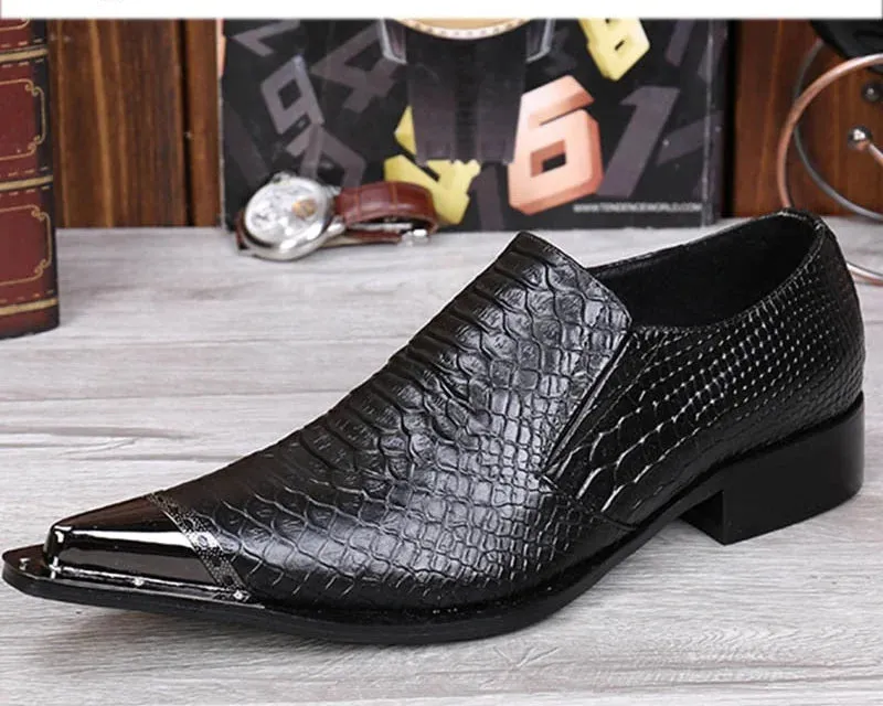 Men's Elegant Black Leather Pointed Metal Toe Oxford Wedding Dress Shoes