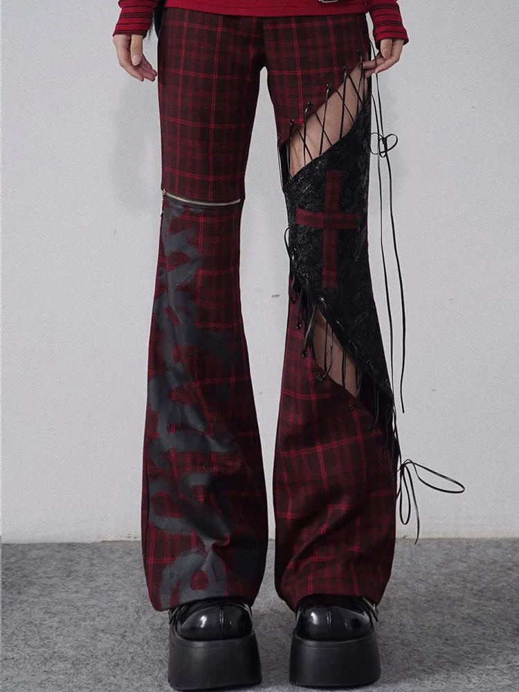 Strappy Hollow Plaid Leather Stitch Pants