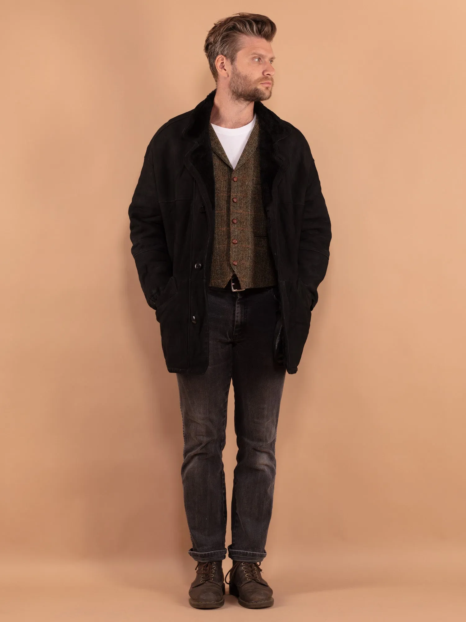 Vintage 80's Men Sheepskin Coat in Black