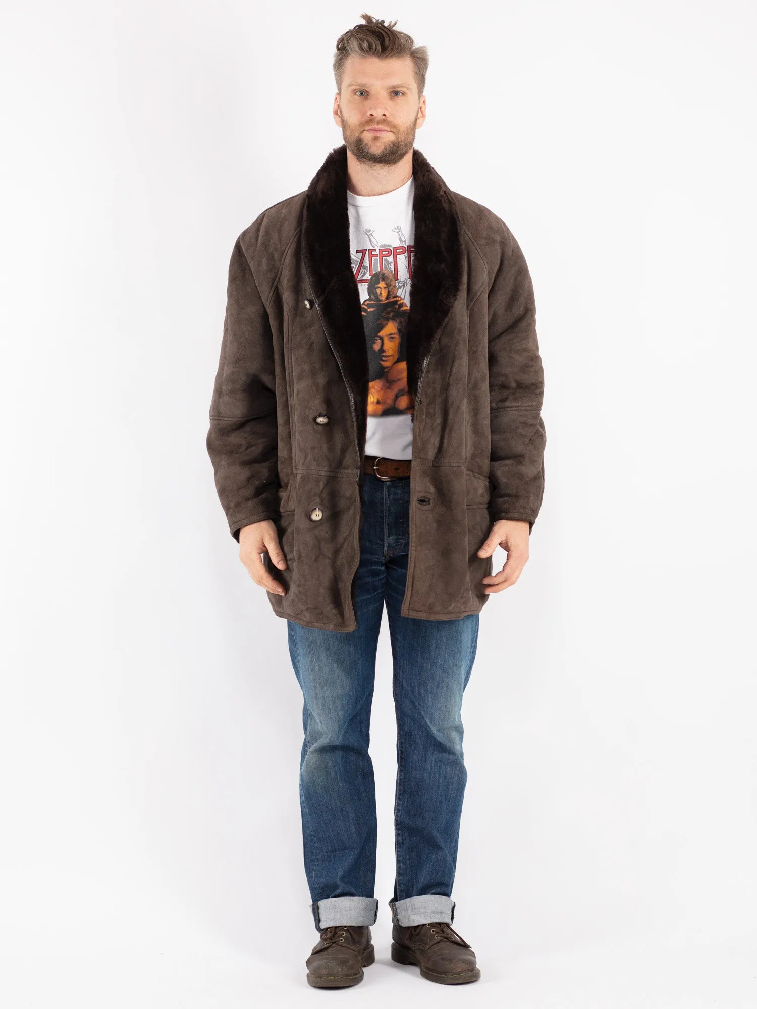Vintage 80's Men Sheepskin Shearling Coat in Brown