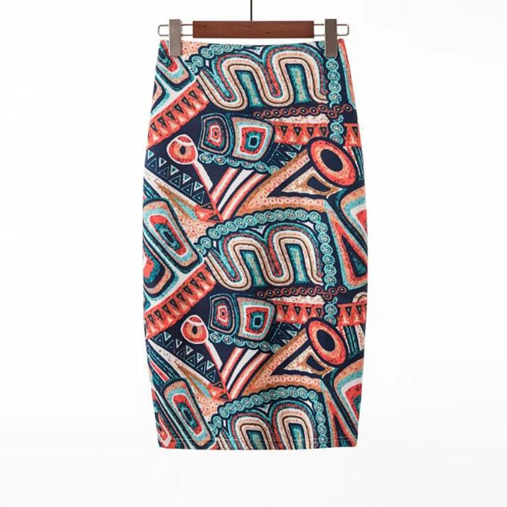 Vintage Ladies Pencil Skirts Midi Sexy OL Style Printed High Waisted Summer Party Skirt