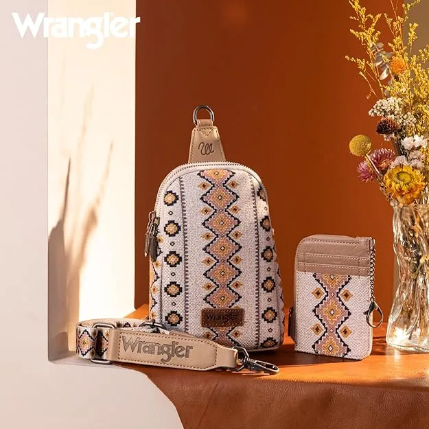 WG2205-210W  Wrangler Aztec Print Crossbody Sling Chest Bag With Zip Card Holder Set -Tan